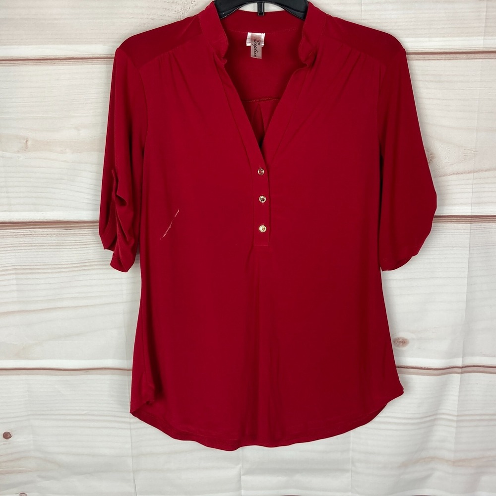 PerSeption Top Womens Small Red Shirt Knit 1/4 Button Tab Sleeve‎ Stretch Solid